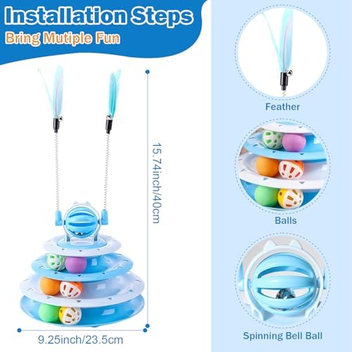Cat Turntable Toy Ball - Interactive Kitten Toys & Toys for Indoor Cats with 6 Colorful Balls & 2 Cat Teaser Wands, Fun Mental & Physical Exercise Puzzle Plaything for Kitty Kitten to Play (Blue)