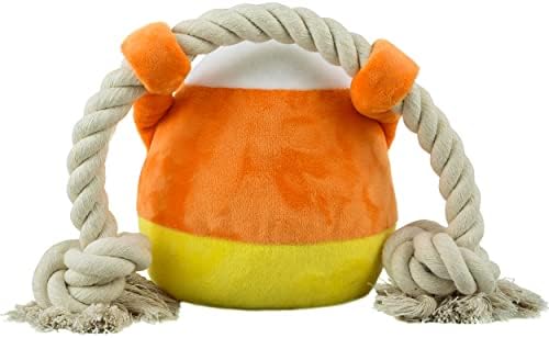Native Pup Dog Toy Rope and Plush Stuffed Squeaker, Tug of War Toys for Dogs, Puppy Welcome Home Add on for Pets (Candy Corn)