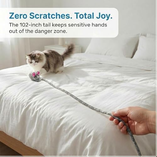 Glaciart One Felt Mouse Cat Toy – Soft Fuzzy Enrichment 100% Natural Wool - Interactive Catnip Play Cat Toy Set - Safe for Pets, Non-AZO Colored Dyes - 100” Long