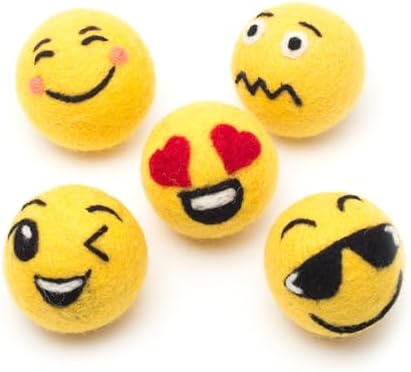 Glaciart One Wool Emoji Ball Cat Toy – 5 Pcs with Catnip - Soft Fuzzy Enrichment 100% Natural Felt Cat Toy - Interactive Play Set - Safe for Pets, Non-AZO Colored Dyes – 1.5”