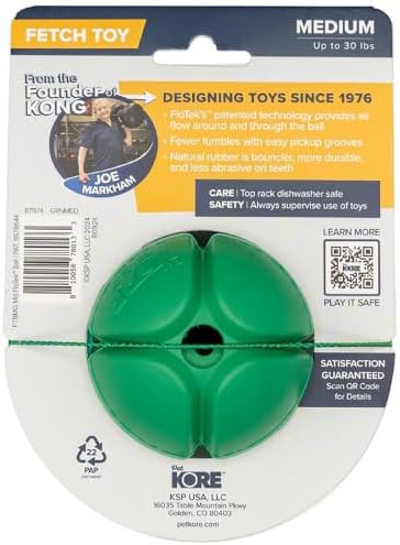 PetKORE: FloTex Ball - Medium - 2.5", Green, Dog Toy, Proprietary Rubber, Patented Open Airflow Grooves, Bounce-Fetch-Chew, Pet Indoor-Outdoor Play