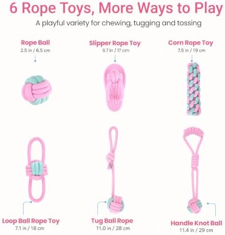 Dog Rope Toys for Puppies and Small Dogs, 6 Pack Cotton Rope Chew and Tug Toys for Teething Puppies, Tossing and Indoor Play (Pink)