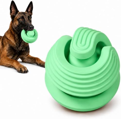 Dog Ball for Aggressive Chewers, Natural Rubber Durable Treat Dispensing Dog Toy Ball with Peanut Butter Grooves, Interactive Dog Food Ball for Medium Large Dogs,Green