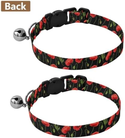 Red Poppy Flowers Black Cat Bell Collar 2 Pack Cat Collar Adjustable Length 10.6" to 17.1"