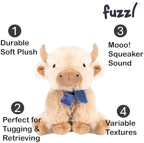 Fuzzl Highland Cow Soft Dog Toy with Mooo Squeaker Sound - Plush Dog and Puppy Toy Interactive