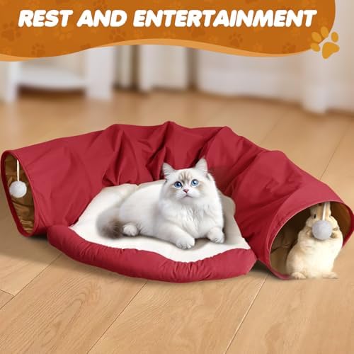 Spardar 2-in-1 Bunny Tunnel Bed, with Removable Mat Hideout, Red