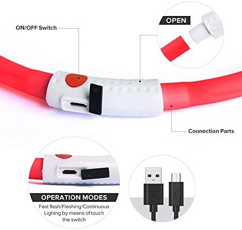 BSEEN Light Up Dog Collar, Silicone LED Dog Collar Rechargeable Cat Collar Cuttable Glowing Puppy Necklace Safety Dog Lights for Night Walking (Red)