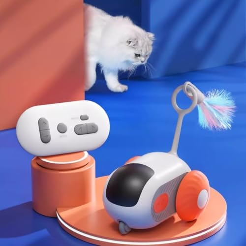 Smart Remote Control Cat Toy Car - Interactive Automatic Robotic Teasing Mouse with Feathers, Rechargeable Self-Moving Kitten Toy for Carpet Wood Floor, Touch-Activated Standby