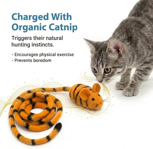 Glaciart One Felt Mouse Cat Toy – Soft Fuzzy Enrichment 100% Natural Wool - Interactive Catnip Play Cat Toy Set - Safe for Pets, Non-AZO Colored Dyes - 100” Long