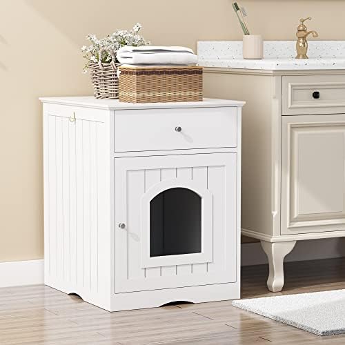 Wooden Cat Litter Box Enclosure with Drawer, White, Side Table Nightstand, Indoor Pet Crate, 18.9 x 20.9 x 25 Inches (White)