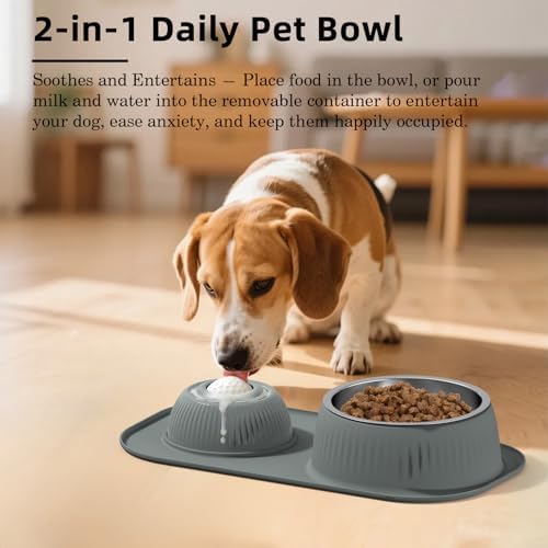 Slow Feeder Dog Bowls Set 2 in 1,Anti-Slip Dog Lick Bowl with Rolling Ball,Interactive Slow Eating Toy for Liquid and Thick Treat,Dog Licking Toy for Large Medium Small Dogs and Cats.(Gray)
