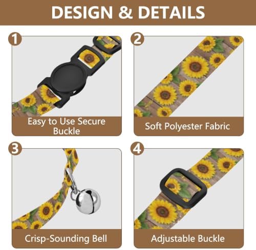 2 Pack Dog Collar Sunflower Wood Rustic Brown Small Dog Collar with Bell, Adjustable Length 10.6" to 17.1"