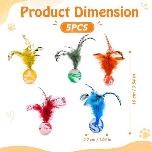 5 Pcs Feather Cat Toy, Cat Toy Balls with Natural Feathers, Feather Chase & Fetch Balls for Indoor Cats, Bouncy Cat Feather Ball Toys, Interactive Silicone Bouncing Balls for Active Kittens, Adult Cat