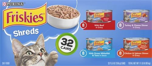 Friskies Purina Gravy Wet Cat Food Variety Pack, Savory Shreds with Beef, Turkey and Cheese Dinner, Chicken & Salmon Dinner, with Ocean Whitefish & Tuna - 5.5 oz. Cans (Pack of 64)