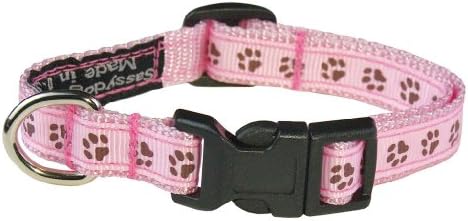 XSmall Pink/Brown Puppy Paws Dog Collar: 1/2" Wide, Adjusts 6-12" - Made in USA.