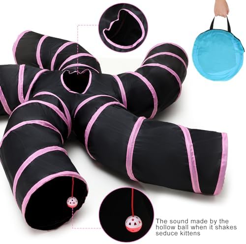 Poen 21 Pcs Cat Tunnel for Indoor Set Collapsible 5 Way Tubes with 20 Pcs Cat Kitten Toys Interactive Feather Toy Mouse Crinkle Balls Tube for Puppy Kitten Rabbit(Pink Black)