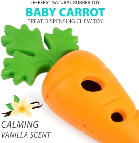 Jeffers Pet Natural Rubber Dog Chew Toy – Baby Carrot, Small – Treat Dispensing, Vanilla Scent, Durable, Non-Toxic, Dishwasher Safe, Interactive Fetch & Tug Toy - Perfect for Training