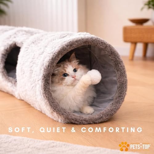 Cat Tunnels for Indoor Cats – Cat Crinkle Tunnel – Collapsible Long Plush– Cat Tube Cute Cozy Pet Play for Hours of Fun (47" / Pearl Gray)