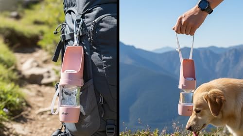 Argo's Pack 2-in-1 Portable Dog Water Bottle with Food Container, 250ml Water + 180ml Food, Foldable Bowl, Leak-Resistant Travel Dispenser for Walking & Hiking (Pink)