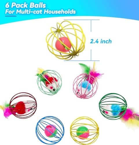 Cat Toys 6 Packs Cat Ball Toys for Indoor Cats and Kittens, Metal Cage Balls with Mice & Bells, Interactive Cat Toys Bell Balls, Mouse Toys, Kitten Toys Promote Physical Exercise