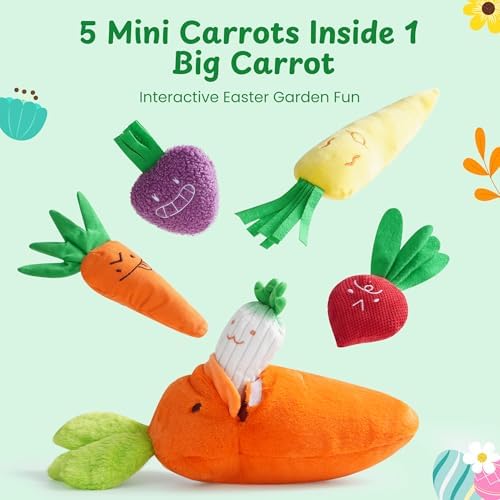 Nocciola Carrot Dog Toys – Easter Squeaky Toys-in-Toys: 5 Small Carrots Inside a Large Plush Carrot with Squeaker & Crinkle Sounds for Small, Medium, Large Breeds, Spring Pet Gifts