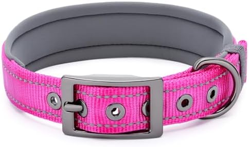 Segarty Reflective Pink Dog Collar Girl for Dogs Neck 14.5-18.9in, Adjustable Wide Soft Comfortable Breathable Neoprene Padded Nylon Collar with Heavy Duty Metal Buckle for Medium Small Breeds (M)