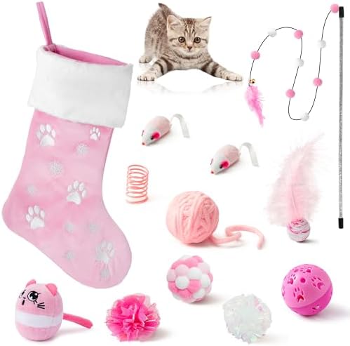 MALLMALL6 Christmas Stocking Cat Toys - 12Pcs Interactive Kitty Gifts Pink Xmas Hanging Stocking Feather Teaser Wand Mice Crinkle Bells Ball Spring Toys for Indoor Kitten