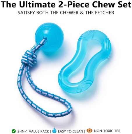MECOOL 2PCS Dog Chew Toys Set - Tug of War Rope Ball & Flexible Rubber Puller, Interactive Teething Toys for Aggressive Chewers, Pet Training Toys for Medium Large Dogs,Bacon Flavored