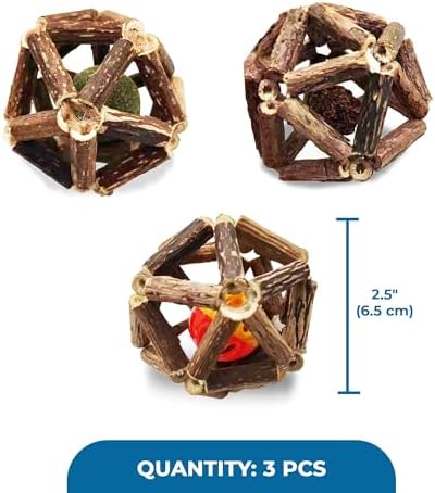 SunGrow Silverine Balls for Cats, Engaging and Interactive Pet Enrichment, Gall Fruit, Catnip, Bell Ball, Cool Pal Feline Toy, Christmas Stocking Stuffers, Brown, 2.5” (Diameter), 3 Pieces per Set 
