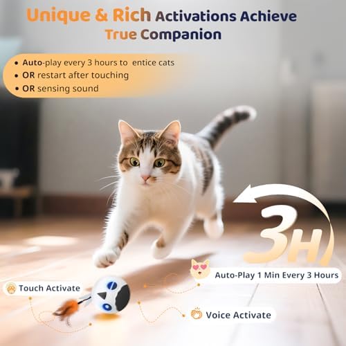 Cat Toys Ball, Smart Motion Sensor Moving Ball with 4 Sounds& 3 Speed Modes | Interactive Automatic Cat Toy for Indoor Cats,Fast Rolling Motion Activated Chirping Stimulating Light, 2 Feather Refill