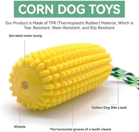 Corn Squeaky Rubber Dog Chew Toy with Dental Cleaning Grooves & Cotton Rope