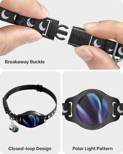 typecase Reflective Breakaway Cat Collar with AirTag Holder, Black/Blue | Black Reflective Breakaway Cat Collar With Bell And Silicone AirTag Holder; Adjustable 8-12 In; AirTag Not Included