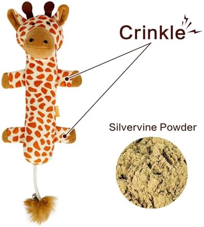 TTcat Large 11.42 Inch Giraffe Silvervine Cat Kick Toy, Crinkle Plush Cat Chew Pillow Toy with Bell Tail, Interactive Kitten Teething Stuffed Toy for Biting, Wrestling & Playing.