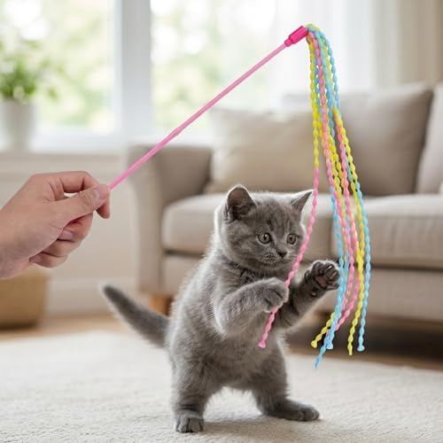 4 PCS Cat Stick Toy, String Cat Toy Multicolor Cats Interactive Wands Toys with Bells for Indoor Outdoor Cats Kitten Playing Have Fun Exercise
