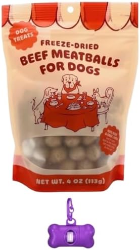 TJ's Beef Meatballs for Dogs, Freeze Dried,Dog Treats 4 oz, Resealable Bag with Bone Waste Bag Dispenser & Free Rolls