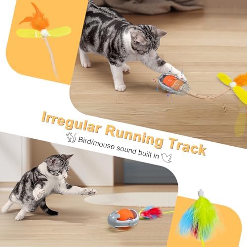 Interactive Cats Toys Ball, Newly IMAGINABLE Agile Mice Moving Ball, Mice&Bird Voice Attract, Elastic Mesh Tail, Automatic Kitten Toys, 2 Replacement Feather, for Bored Adult Indoor Cats