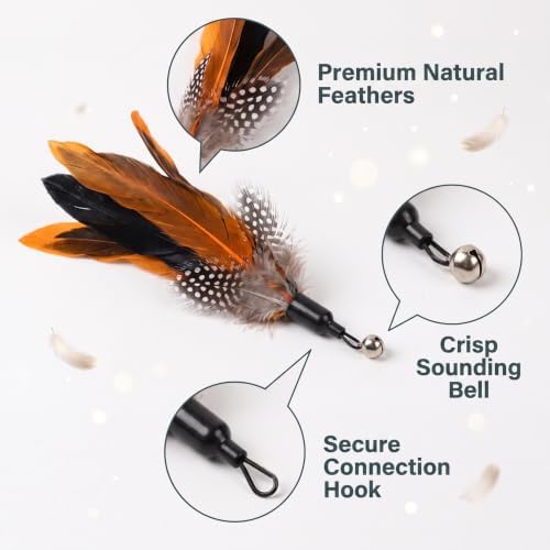 Cat Wand Attachments - Colorful Natural Feather Cat Toy Refills with Bells, Feather Wand Cat Toys for Compatible Teaser Wands (12feather)