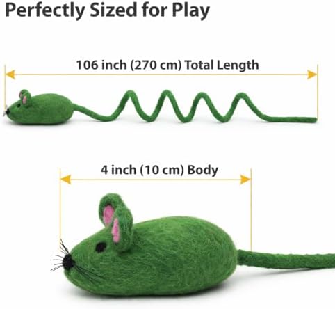 Glaciart One Felt Mouse Cat Toy – Soft Fuzzy Enrichment 100% Natural Wool - Interactive Catnip Play Cat Toy Set - Safe for Pets, Non-AZO Colored Dyes - 100” Long