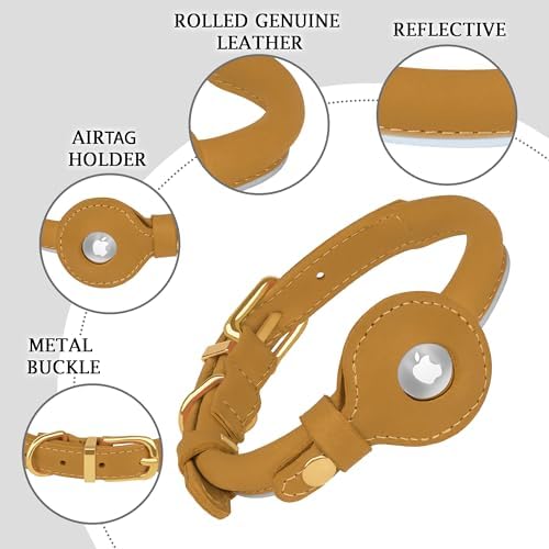 OOPSDOGGY Rolled Leather Dog Collar with Airtag Holder - Reflective Round Airtag Dog Collar - Soft Tracking Pet Collar for Small Dogs Puppy Cats Kitten (Camel, XS, 8"-11")