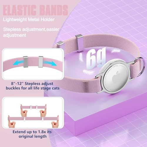 AirTag Cat Collar, Elastic Tracker Collar with Airtag Holder and Bell | Compatible with Apple Air Tag, Lightweight & Scratch Resistant, Adjustable Stepless GPS Pet Collar for Cats Kittens, Pink