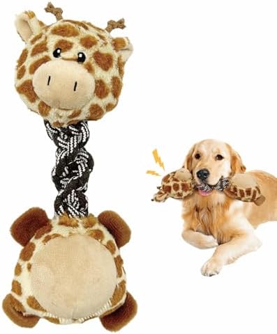 Giraffe Plush Squeaky Dog Toy with Rope Neck Puppy Teething Chew Toy Cute Soft Fun Multi-Functional Interactive Tug of War Dog Rope Toy for Small Medium Large Dogs Toy Gift 30cm/11.81in