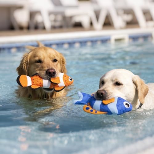Mihachi Floating Dog Water Pool Toys 2 Pack for Swimming Pool, Interactive Crinkle Pet Puppy Chew Toys for Play and Training, Funny Fish Toy for Small Medium Large Breed, Blue & Orange Fish