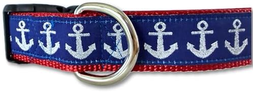 Large Dog Collar 15-22 Inch Nautical Anchor Blue Red Adjustable Collar Handmade USA