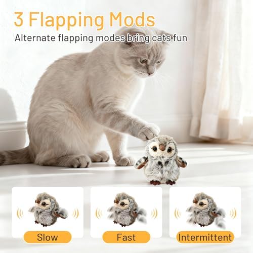 Puffluv Flapping Cat Toy,Can NOT Fly Chirping Owl Interactive 3-Mode Flapping Bird, Rechargeable USB with Catnip Pouch for Indoor Kitty Playful Exercise Reduce Boredroom