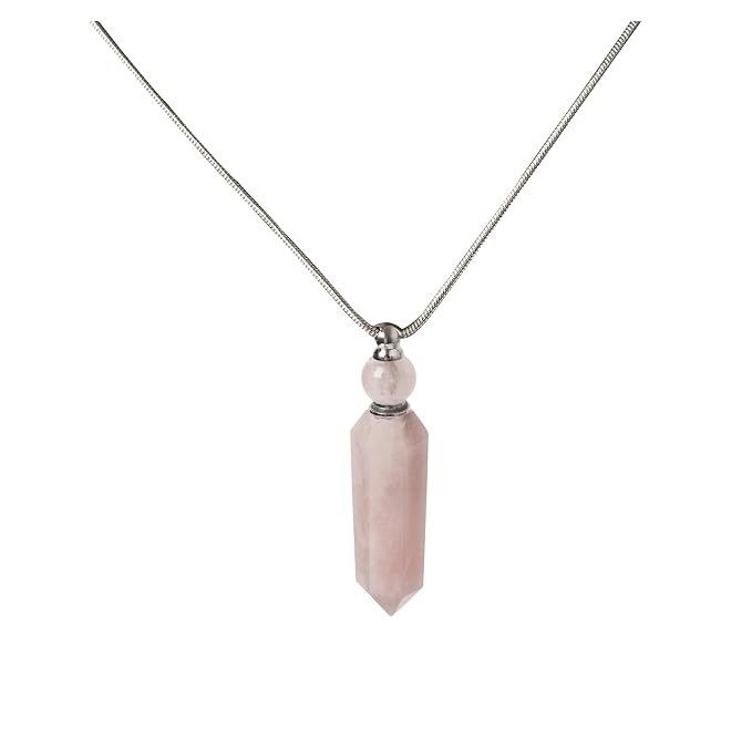 AMOYSTONE 1P Rose Quartz Crystal Perfume Necklace Long Chain Healing Stone Hexagonal Aroma Essential Oil Diffuser Perfume Natural Crystal Bottle Necklace Gifts