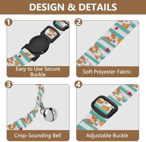 Cartoon Dogs Hearts Aqua White Cat Collar with Bell 2 Pack Dog Collar Adjustable 10.6 to 17.1 Inches