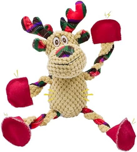 Christmas Squeaky Dog Toys- Interactive Plush Toys with 5 Squeakers- Stuffed Dog Toys for Medium & Large Breeds- Reducing Boredom and Relieving Anxiety (Elk)