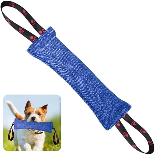 ToLanbbt Dog Tug Toy Bite Jute Pillow Pull Toy with 2 Strong Handles Perfect for Tug of War, Puppy Interactive Play, Tear Resistant Bite Training for Small Medium Large Dogs (Bright Blue-Footprint)