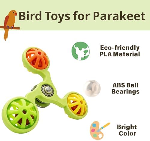 Spinning Bird-Toys Bird Cage Toys & Bird Perch Parrot-Parakeet Budgie Cockatiel Conure Macaw Chicken Parrot Enrichment Cage Accessories Small Animal Chewing Toy (Green Spinner Bell)