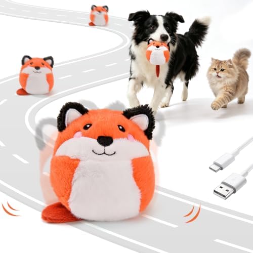 AUSCAT Interactive Moving Puppy/Cats Toys,Plush Bouncing Ball | Music & Recording | Rechargeable Self-Play Toys for Indoor Cats and Small Dogs to Keep Them Busy (Fox)